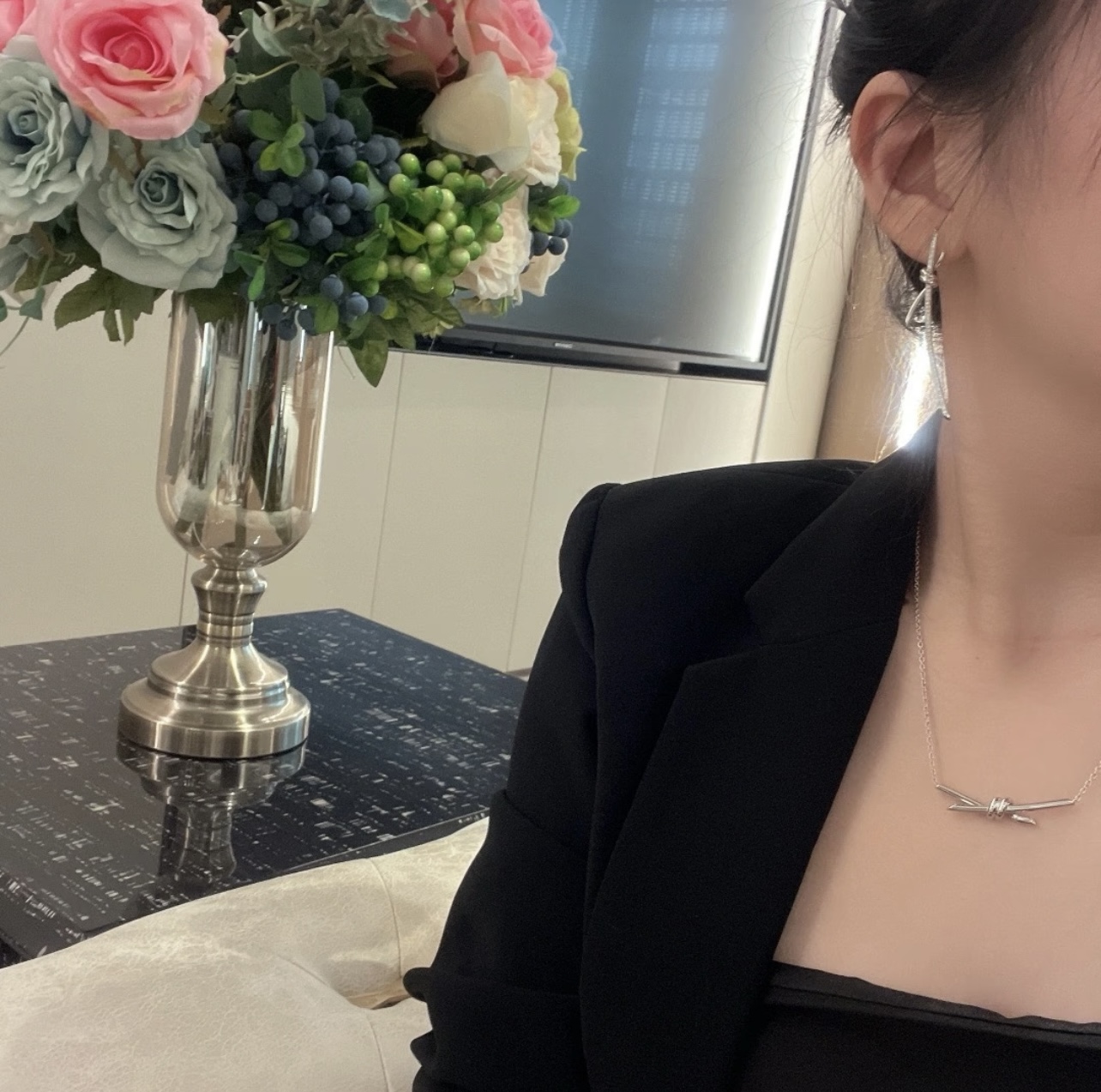 Tiffany Knot earrings silver-toned metal with clear pave diamonds 3 5cm drop length