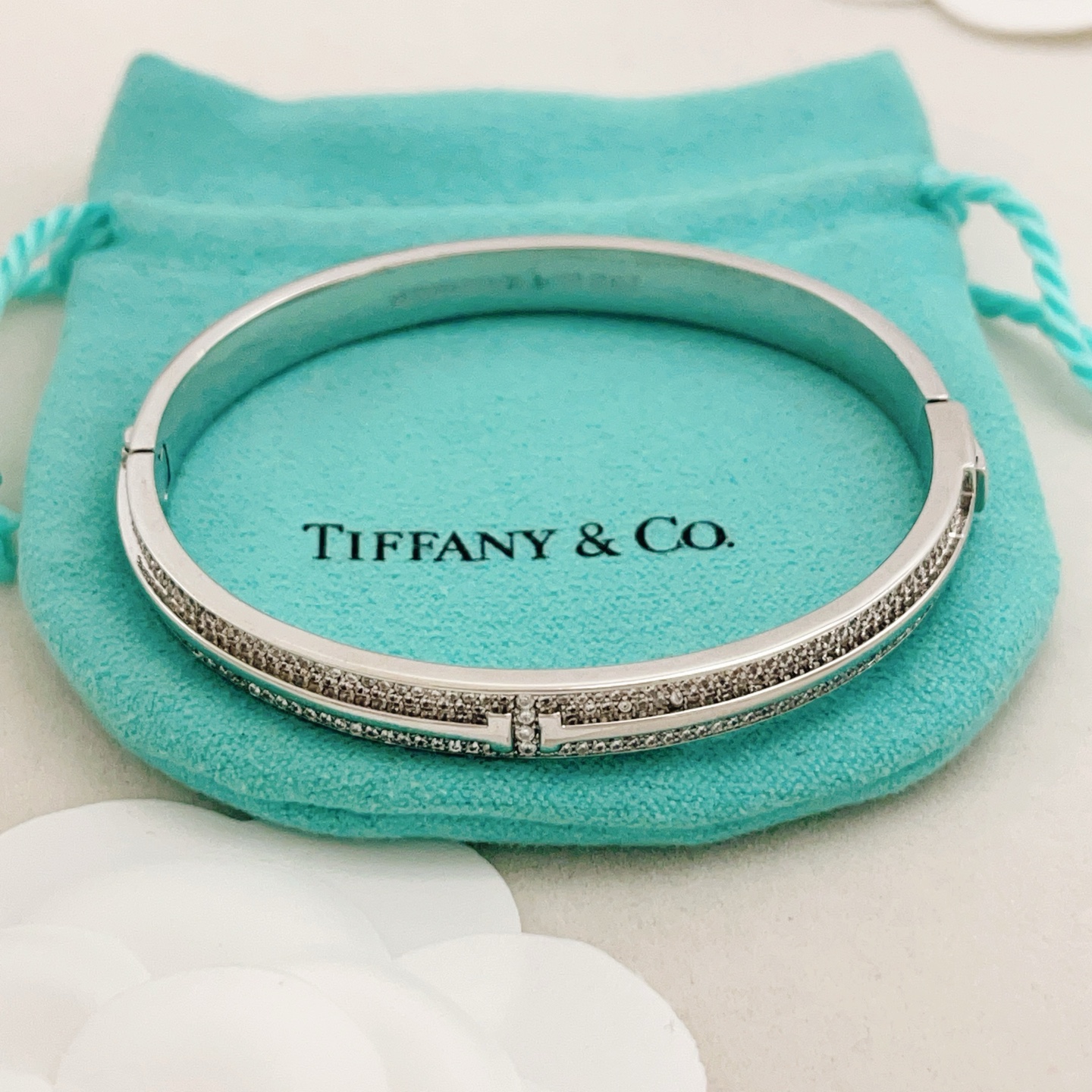 Tiffany Co T Two bracelet silver-toned metal with clear pave diamonds 17cm inner circumference