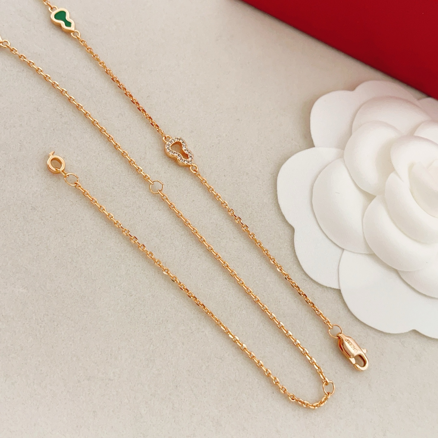 Qeelin Wulu necklace 18K rose gold green malachite clear diamond accents 42cm with 5cm extender