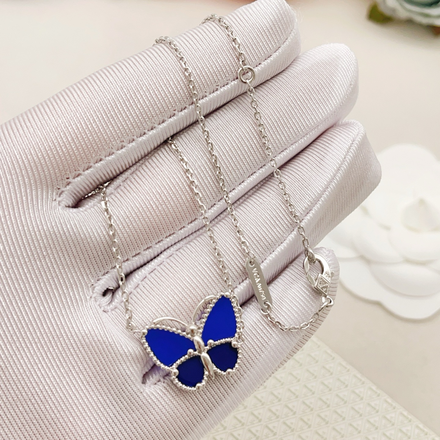 Van Cleef Arpels Lucky Alhambra Butterfly necklace white gold with blue agate 42cm