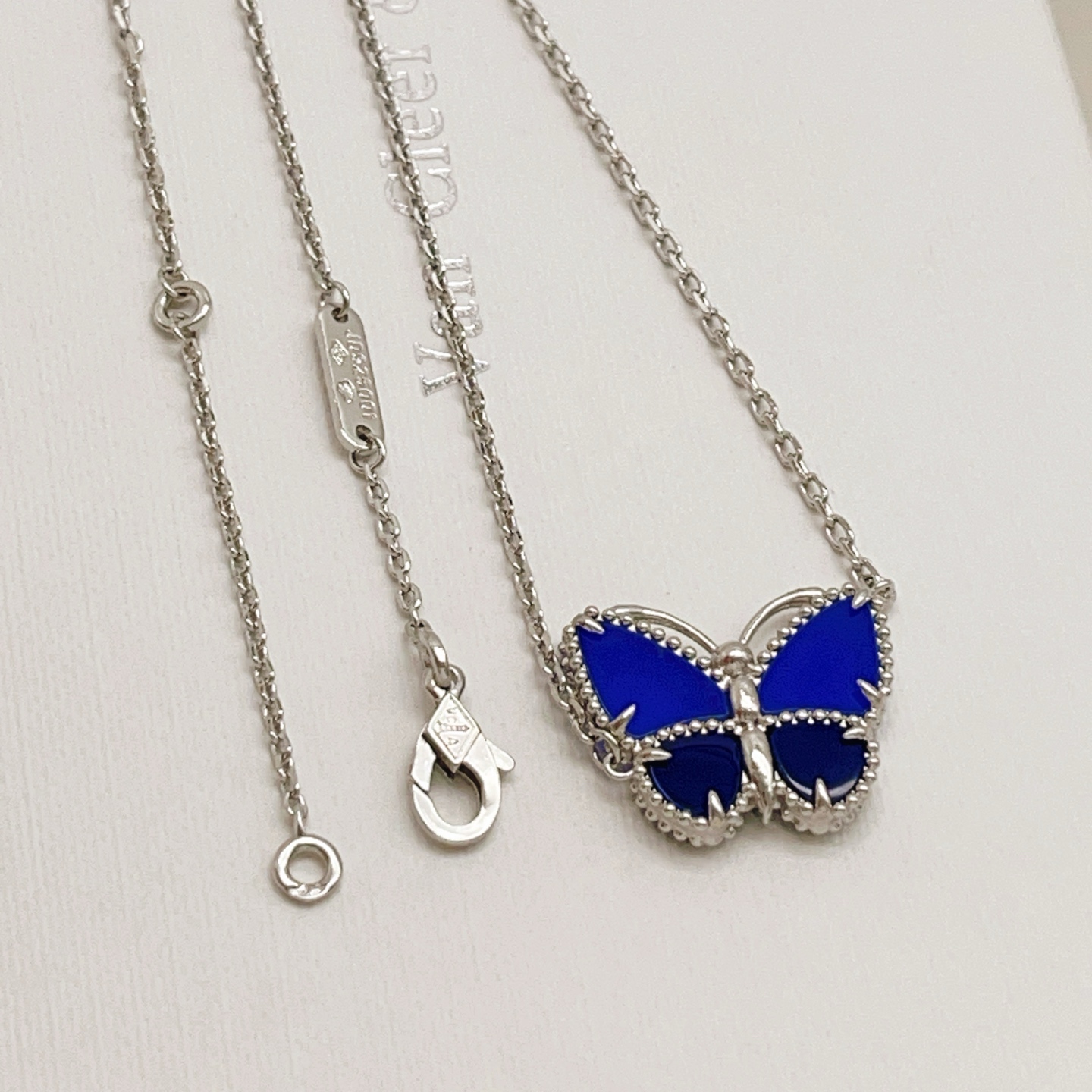 Van Cleef Arpels Lucky Alhambra Butterfly necklace white gold with blue agate 42cm