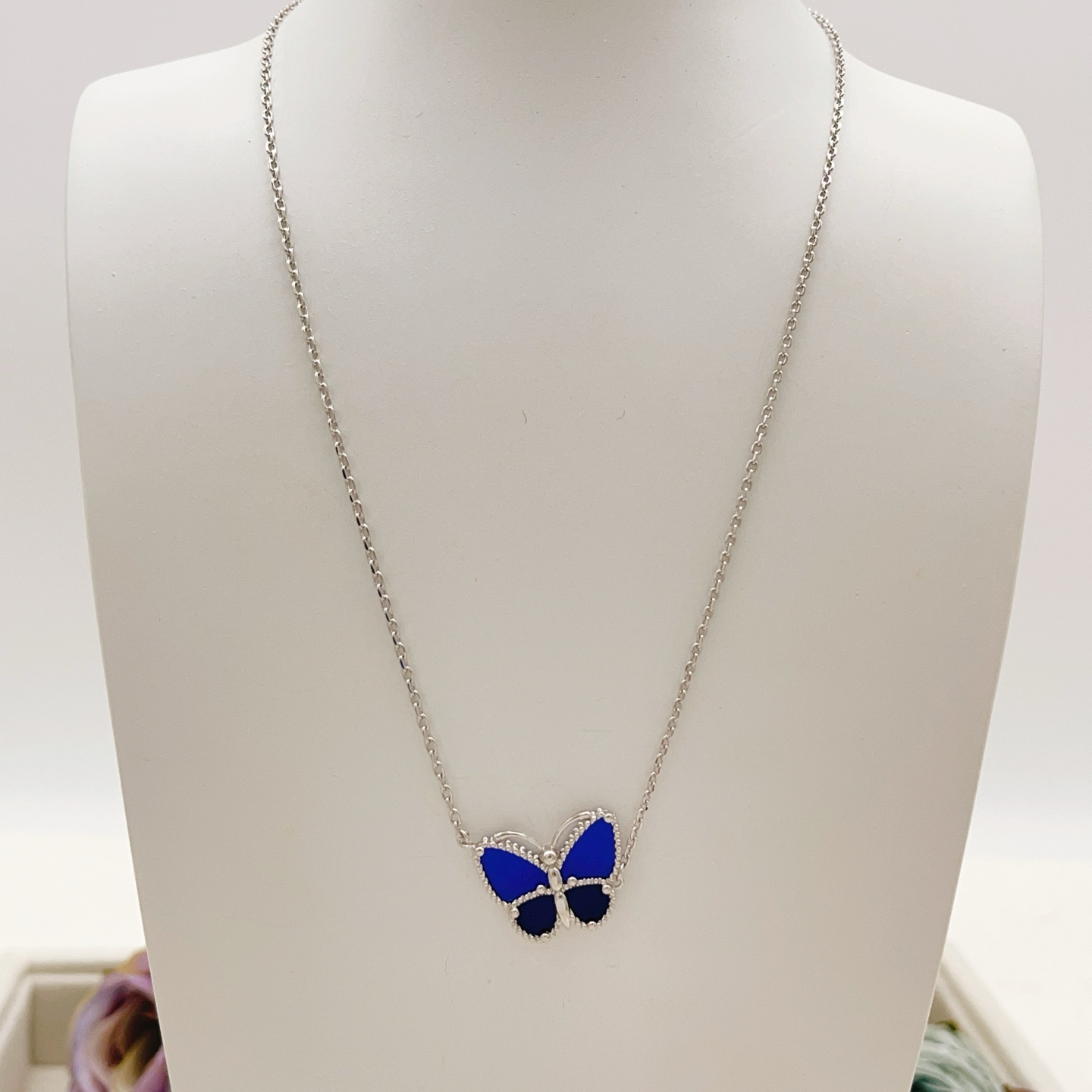 Van Cleef Arpels Lucky Alhambra Butterfly necklace white gold with blue agate 42cm