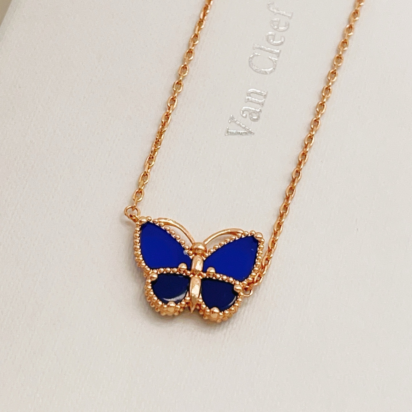 Van Cleef Arpels Lucky Alhambra Butterfly necklace Rose gold with deep blue lapis lazuli 42cm
