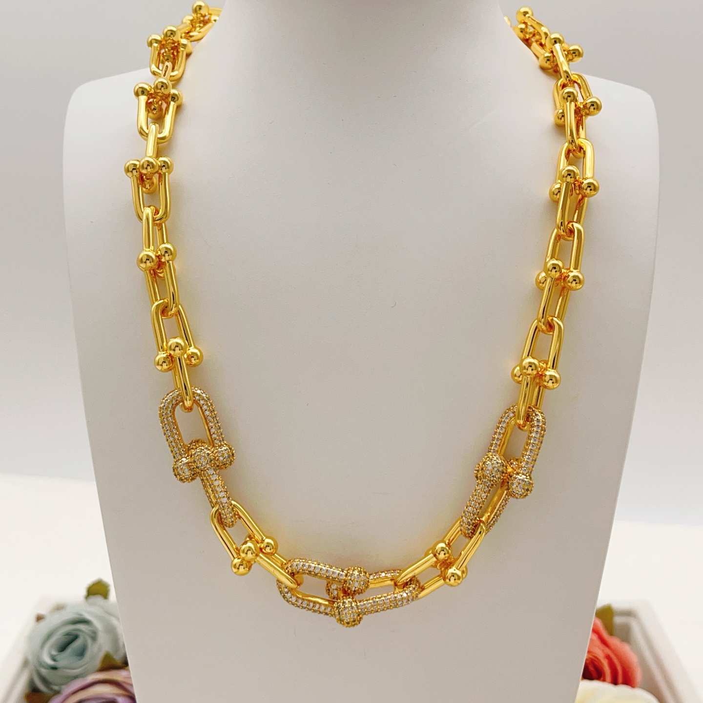 Tiffany HardWear necklace gold-tone metal with clear pave stones 18 inches
