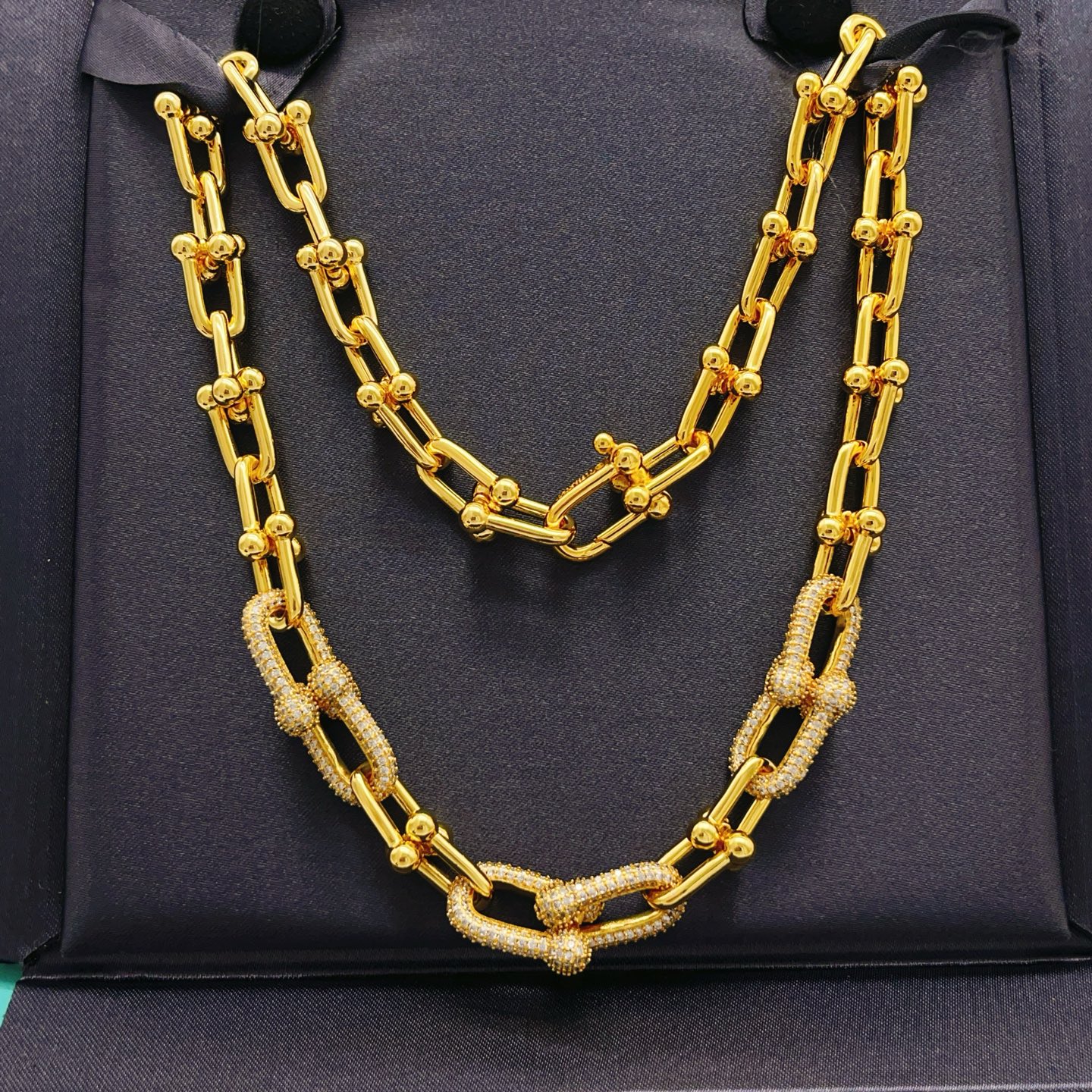 Tiffany HardWear necklace gold-tone metal with clear pave stones 18 inches