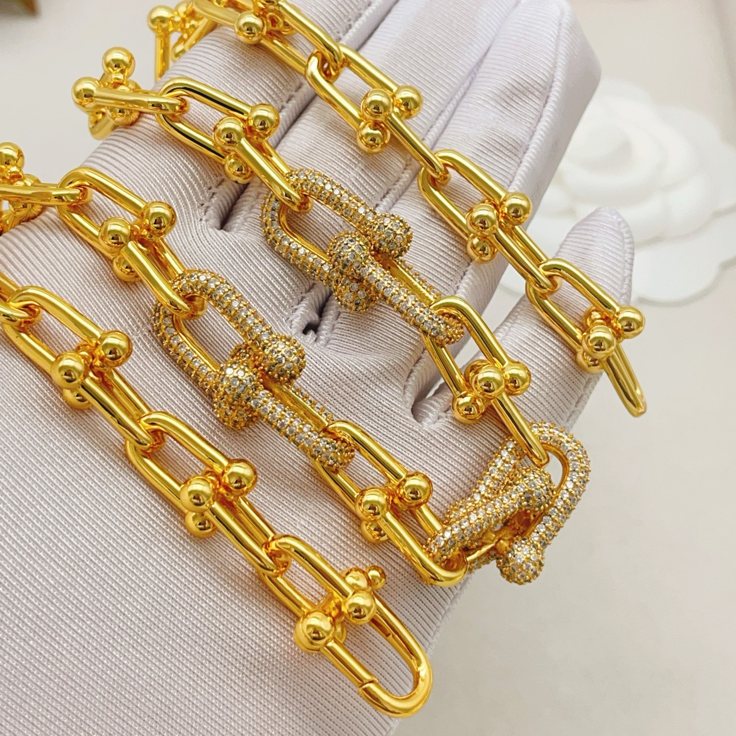 Tiffany HardWear necklace gold-tone metal with clear pave stones 18 inches