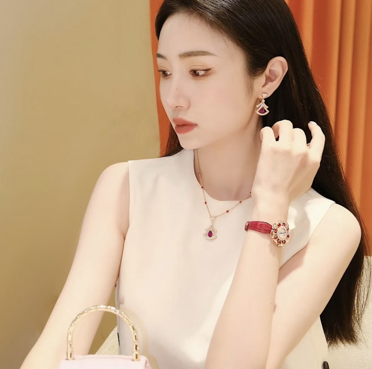 Bvlgari Divas Dream earrings Rose gold with clear pave diamonds and pear-shaped ruby red gemstones 1 8cm drop length