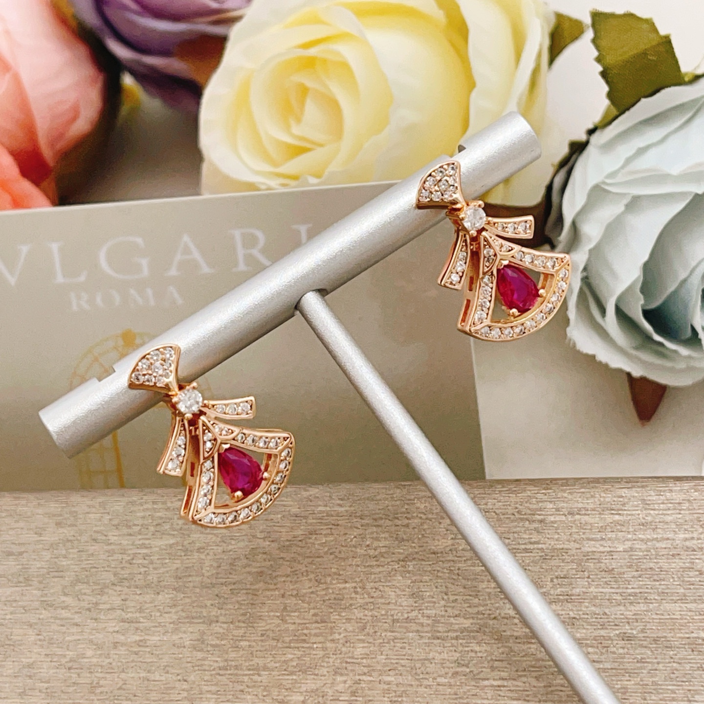 Bvlgari Divas Dream earrings Rose gold with clear pave diamonds and pear-shaped ruby red gemstones 1 8cm drop length