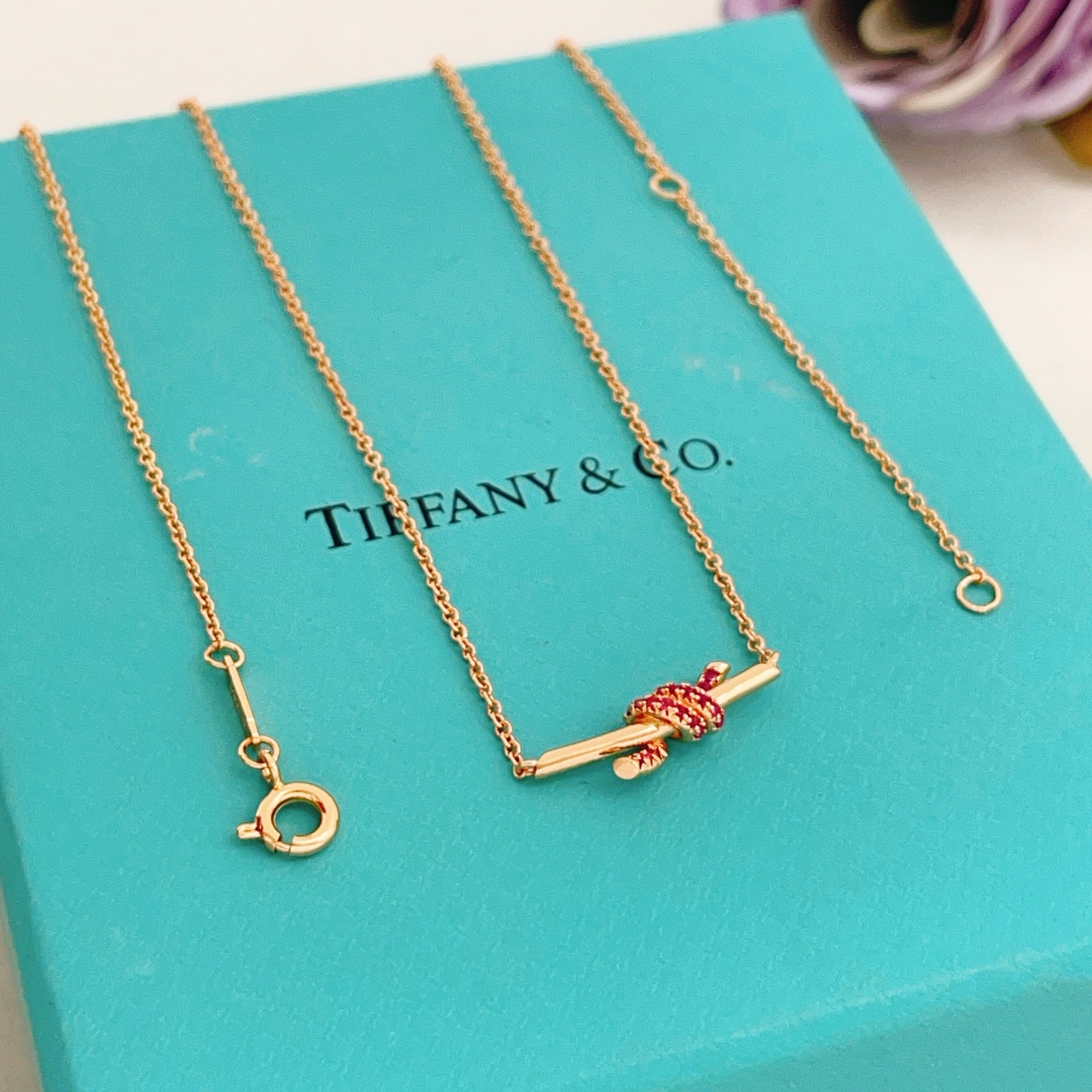 Tiffany Co Knot necklace 18k rose gold with ruby accents 45cm