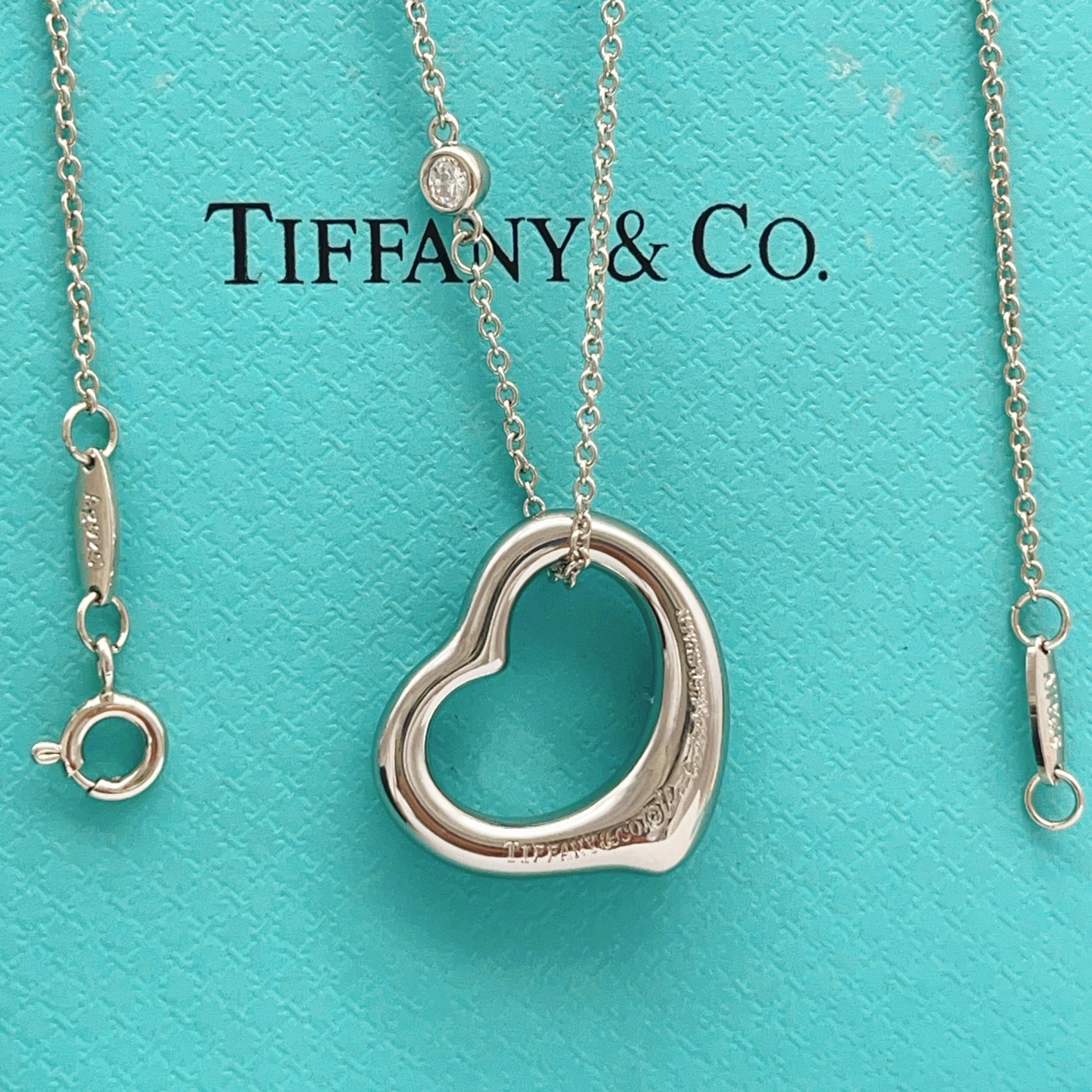 Tiffany Co Open Heart necklace Silver-toned metal with clear diamond accents 40cm