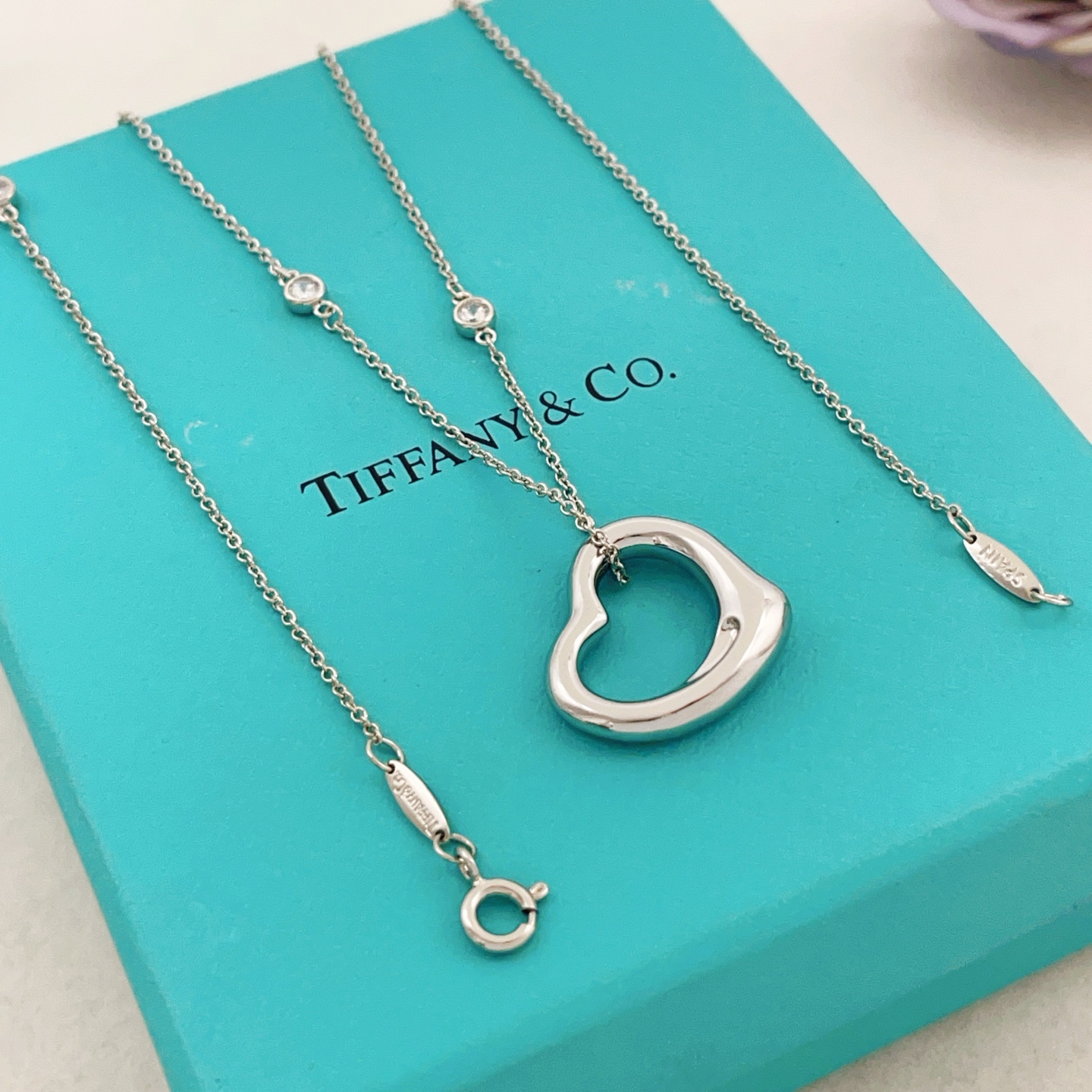 Tiffany Co Open Heart necklace Silver-toned metal with clear diamond accents 40cm