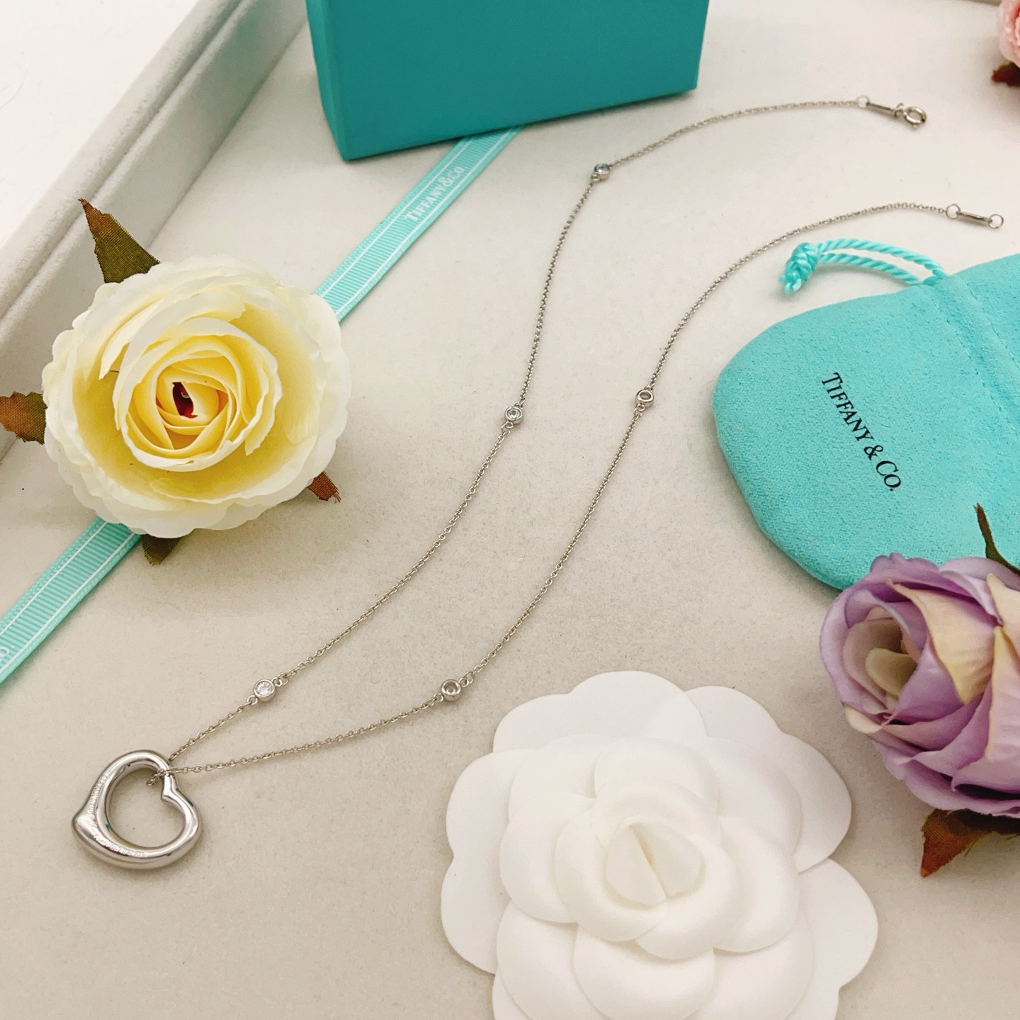 Tiffany Co Open Heart necklace Silver-toned metal with clear diamond accents 40cm