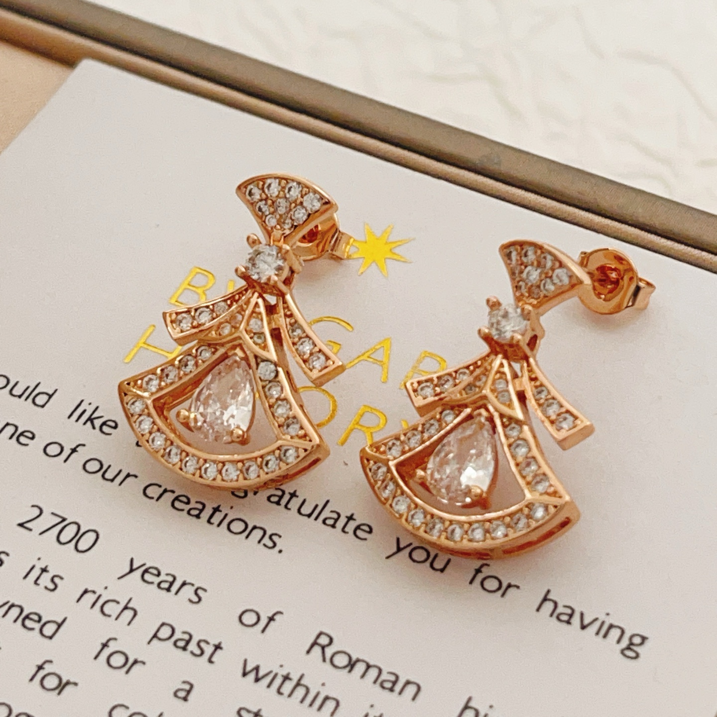 Bvlgari Divas Dream earrings Rose gold metal with clear diamond-like gemstones 1 8cm drop length