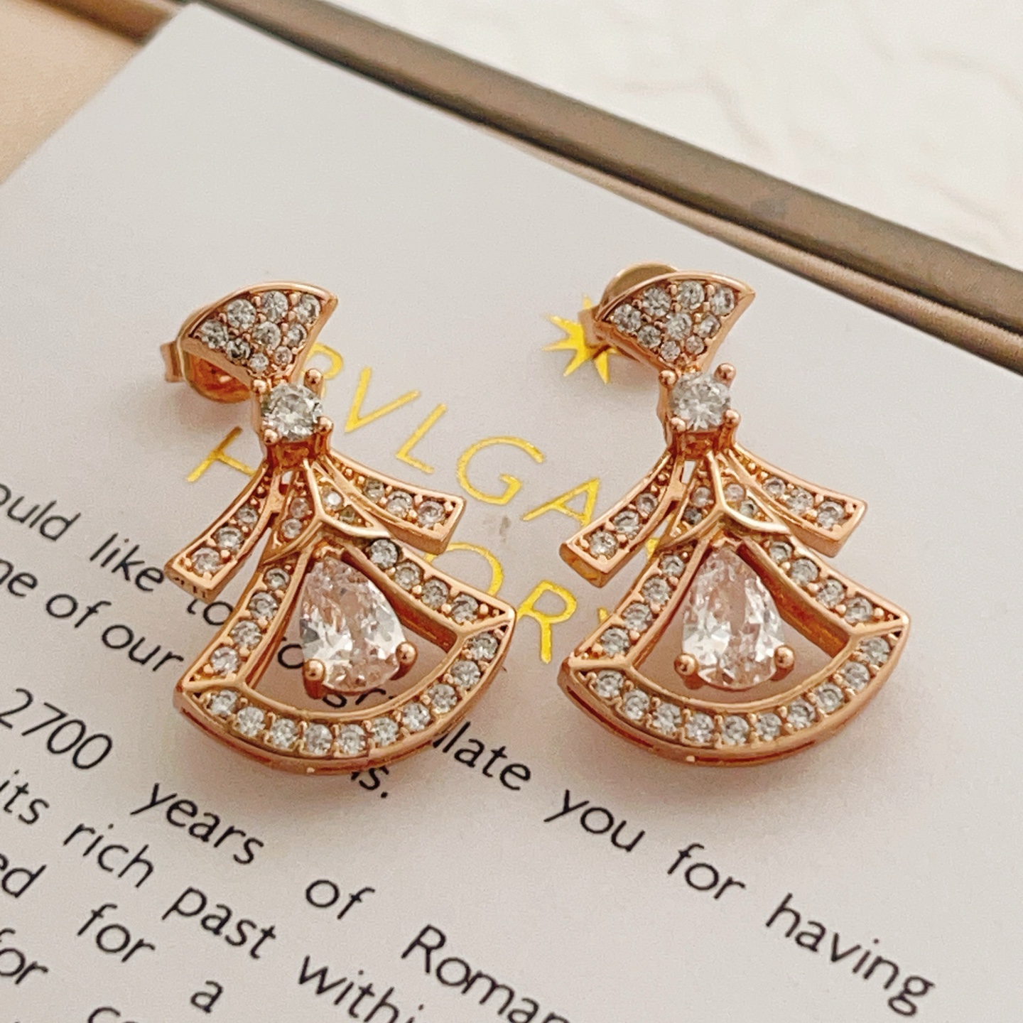 Bvlgari Divas Dream earrings Rose gold metal with clear diamond-like gemstones 1 8cm drop length