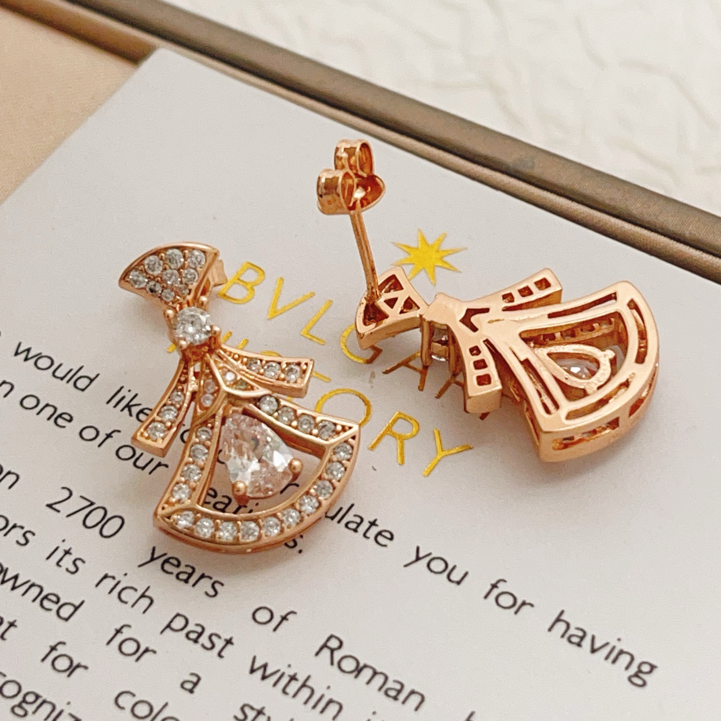 Bvlgari Divas Dream earrings Rose gold metal with clear diamond-like gemstones 1 8cm drop length