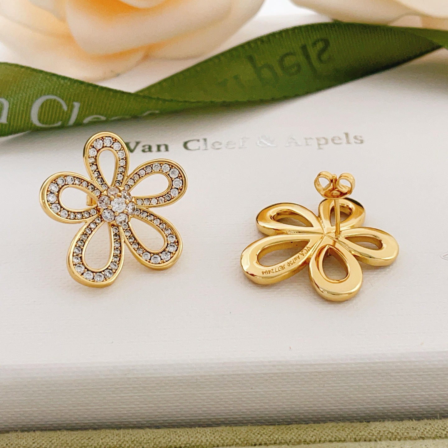 Van Cleef Arpels Flowerlace earrings yellow gold with clear diamond accents 15mm diameter