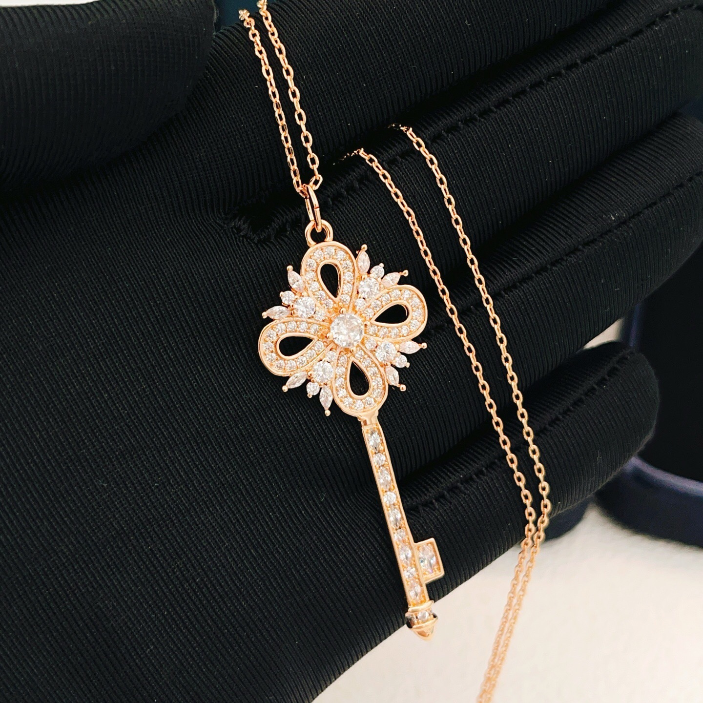 Tiffany Co Tiffany Keys Victorian Key Pendant necklace 18k rose gold with clear diamond simulants 18 inch chain