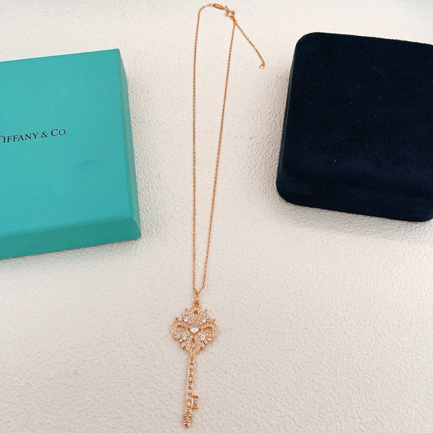 Tiffany Co Tiffany Keys Victorian Key Pendant necklace 18k rose gold with clear diamond simulants 18 inch chain