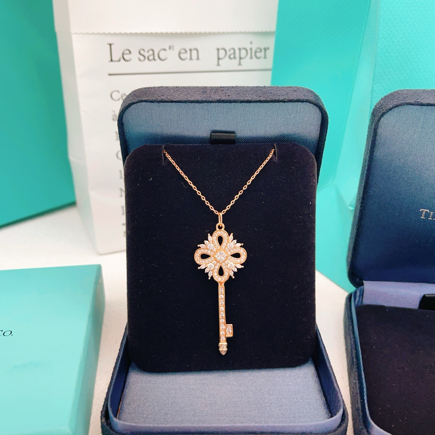 Tiffany Co Tiffany Keys Victorian Key Pendant necklace 18k rose gold with clear diamond simulants 18 inch chain