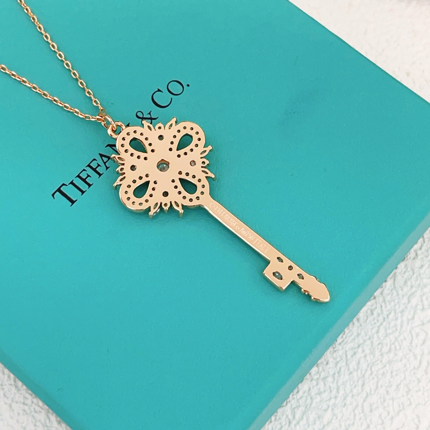 Tiffany Co Tiffany Keys Victorian Key Pendant necklace 18k rose gold with clear diamond simulants 18 inch chain