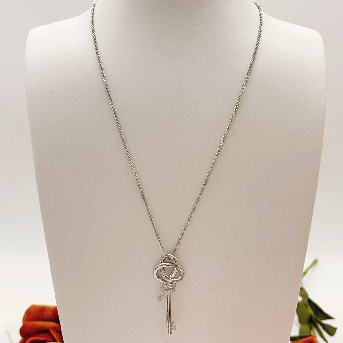Tiffany Co Keys Knot Key Pendant necklace sterling silver with clear diamond accents 18 inches