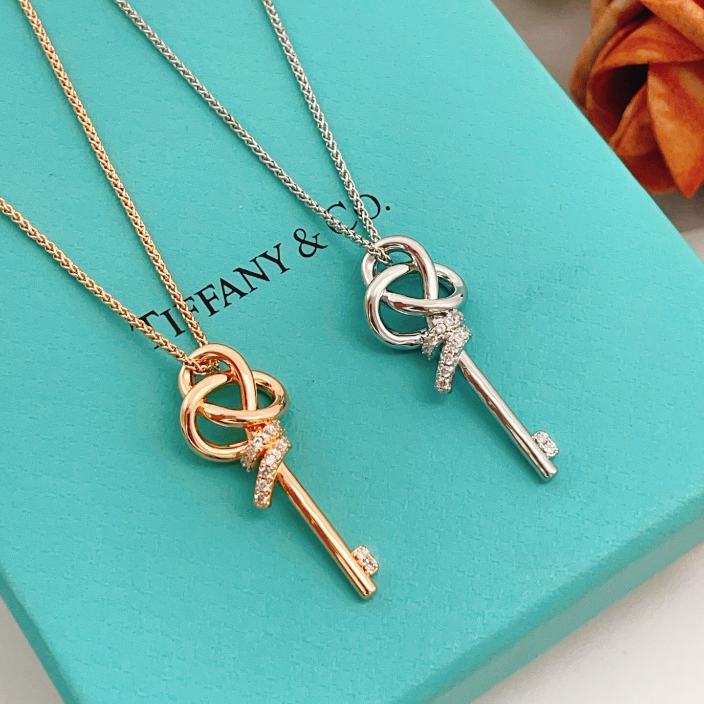 Tiffany Co Keys Knot Key Pendant necklace sterling silver with clear diamond accents 18 inches