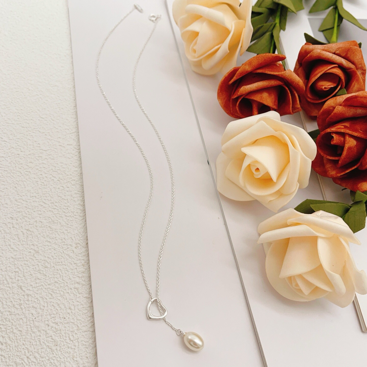 Tiffany Open Heart Pearl Lariat necklace Sterling silver white freshwater pearl 40cm