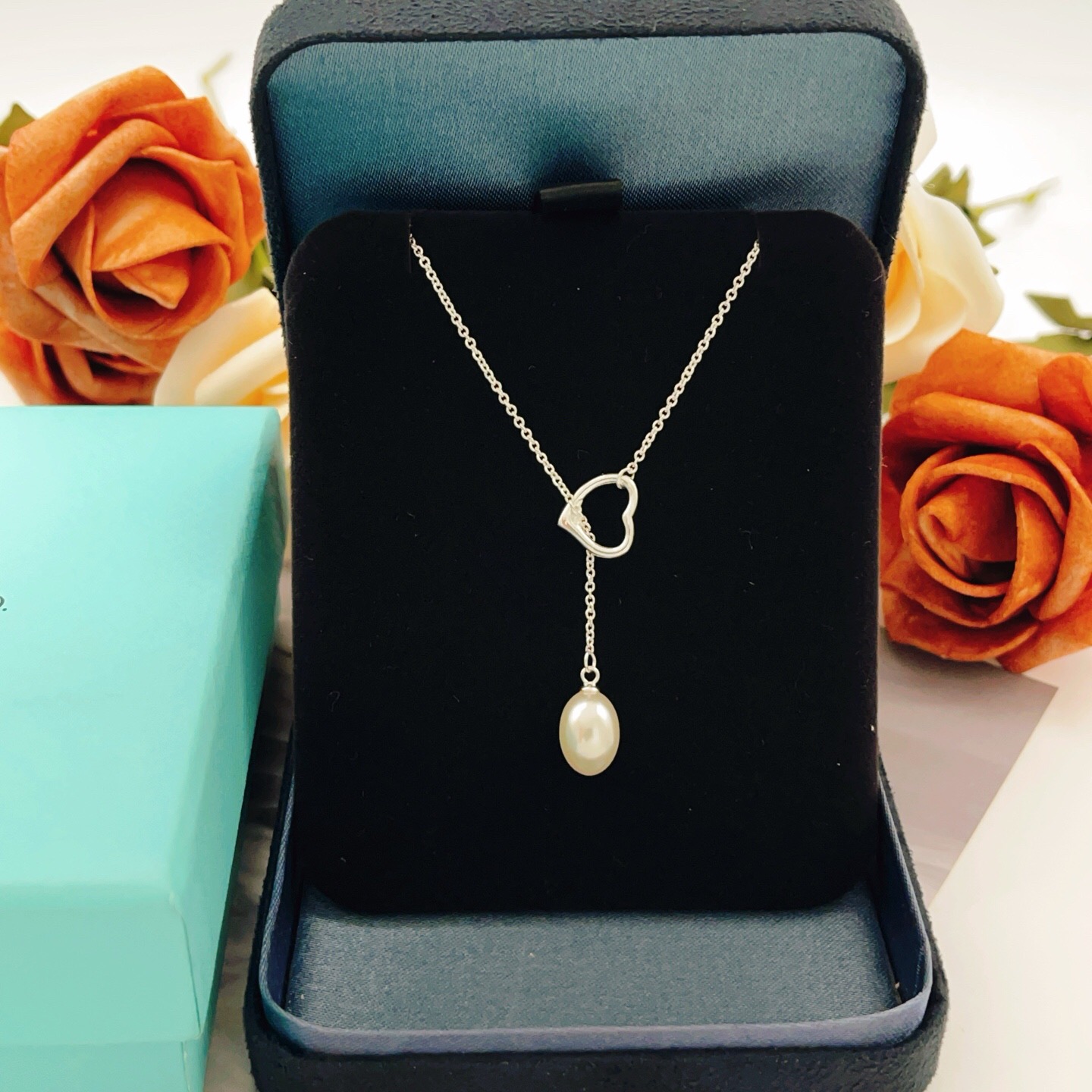Tiffany Open Heart Pearl Lariat necklace Sterling silver white freshwater pearl 40cm