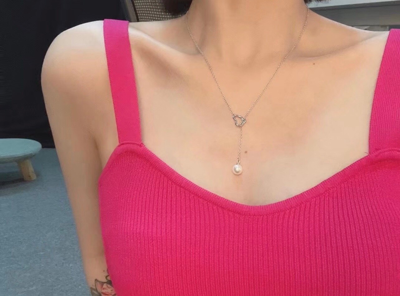 Tiffany Open Heart Pearl Lariat necklace Sterling silver white freshwater pearl 40cm