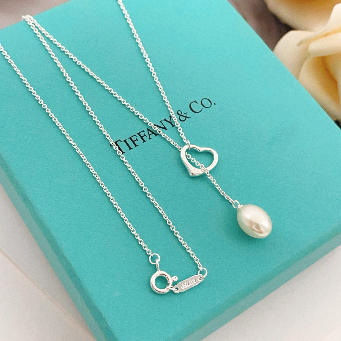 Tiffany Open Heart Pearl Lariat necklace Sterling silver white freshwater pearl 40cm