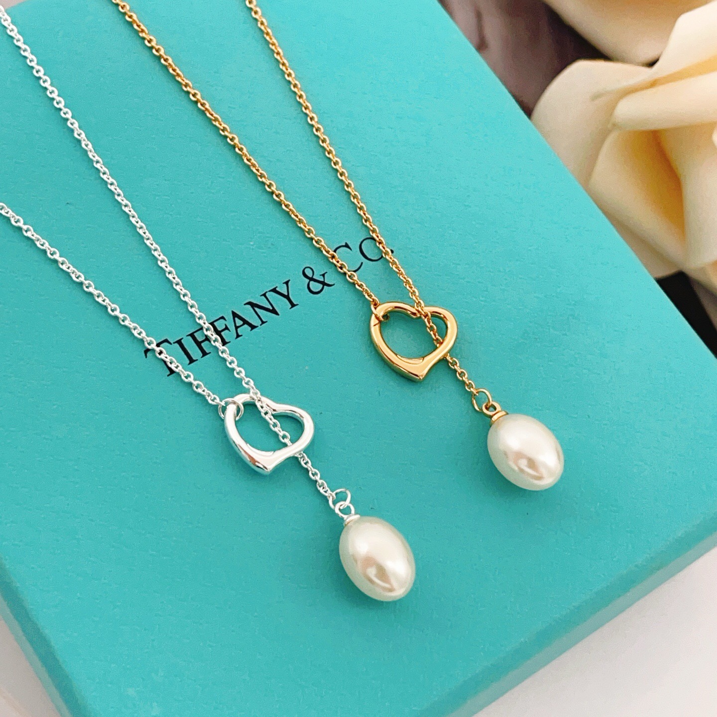 Tiffany Open Heart Pearl Lariat necklace Sterling silver white freshwater pearl 40cm