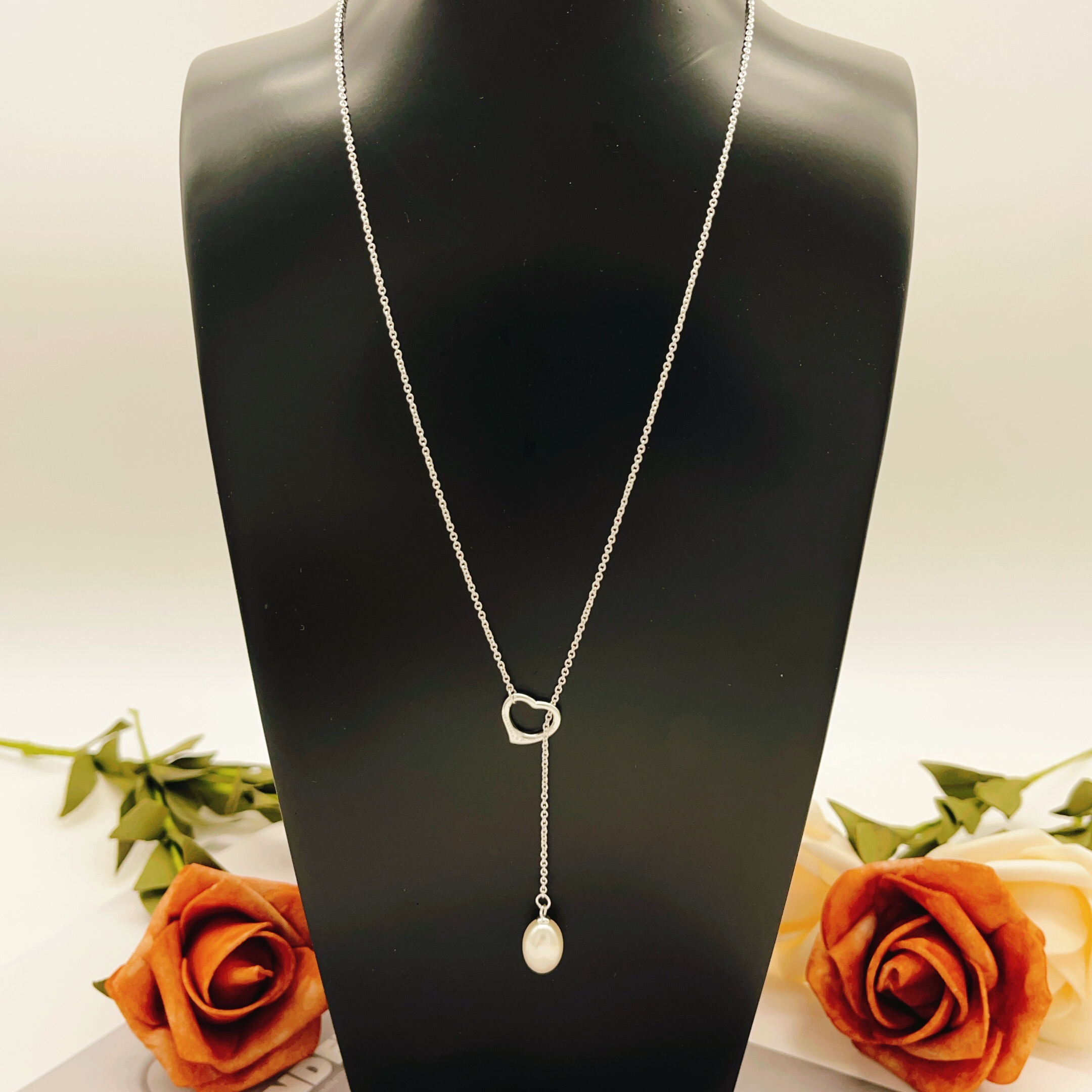 Tiffany Open Heart Pearl Lariat necklace Sterling silver white freshwater pearl 40cm