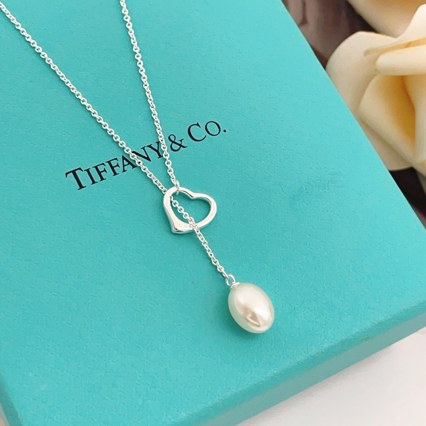 Tiffany Open Heart Pearl Lariat necklace Sterling silver white freshwater pearl 40cm