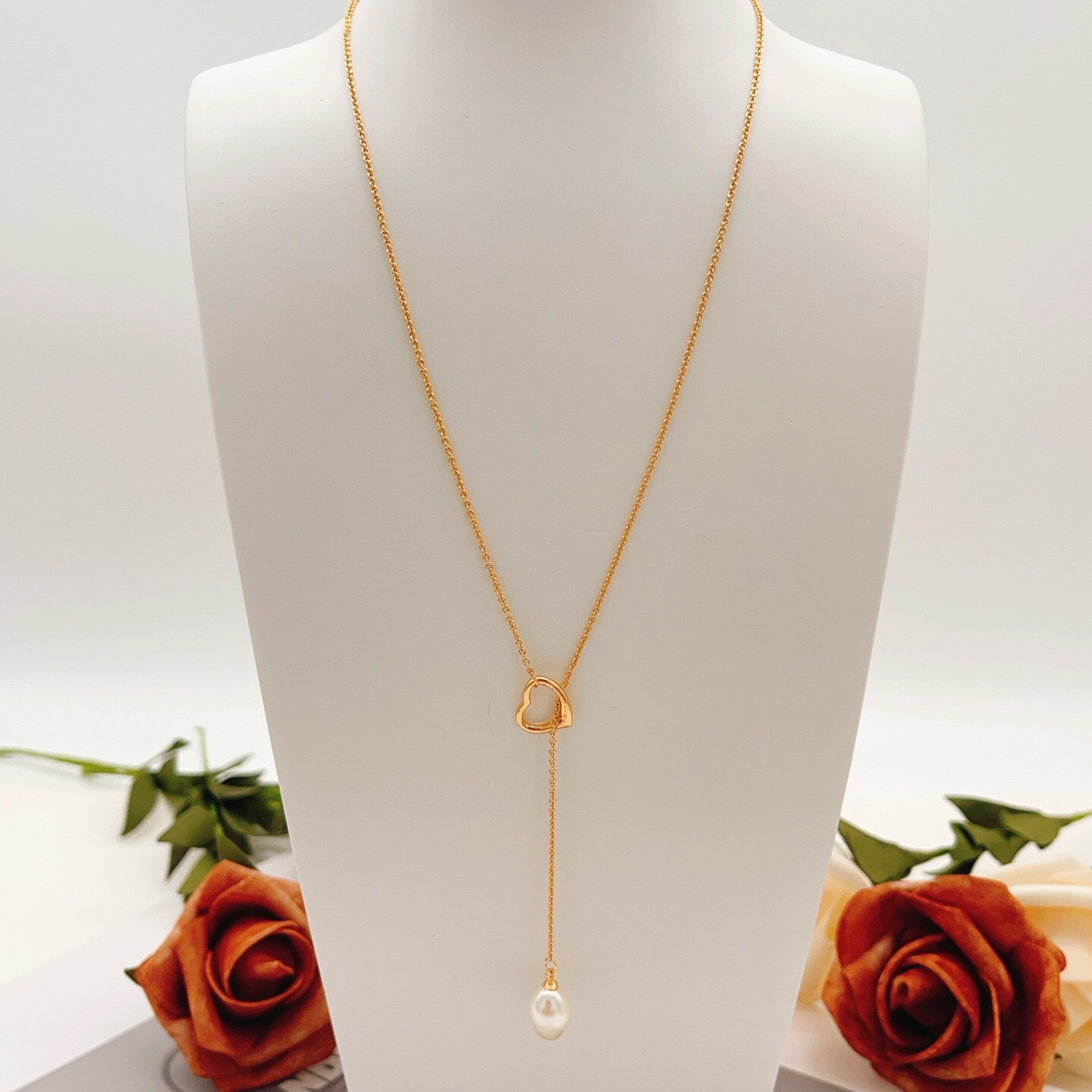 Tiffany Co Elsa Peretti Open Heart Pearl Lariat necklace 18k yellow gold with white freshwater pearl 16 inches