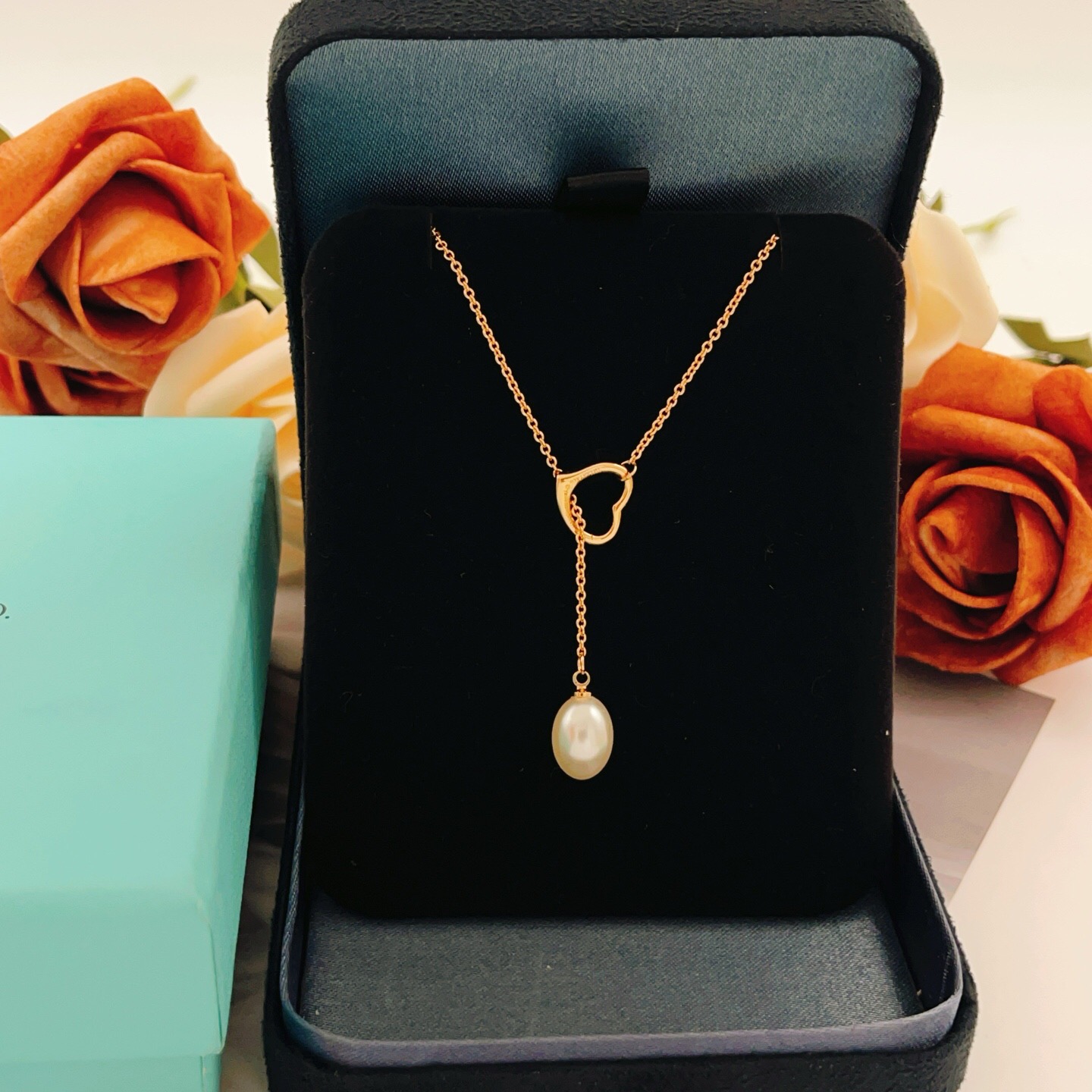 Tiffany Co Elsa Peretti Open Heart Pearl Lariat necklace 18k yellow gold with white freshwater pearl 16 inches