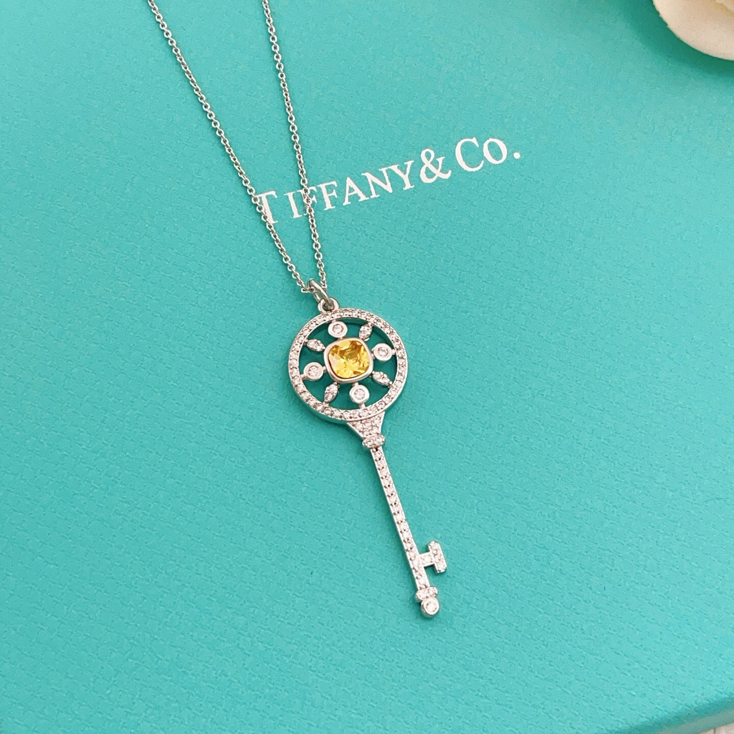 Tiffany Co Tiffany Keys necklace sterling silver with white diamond accents and yellow sapphire center stone 18 inches