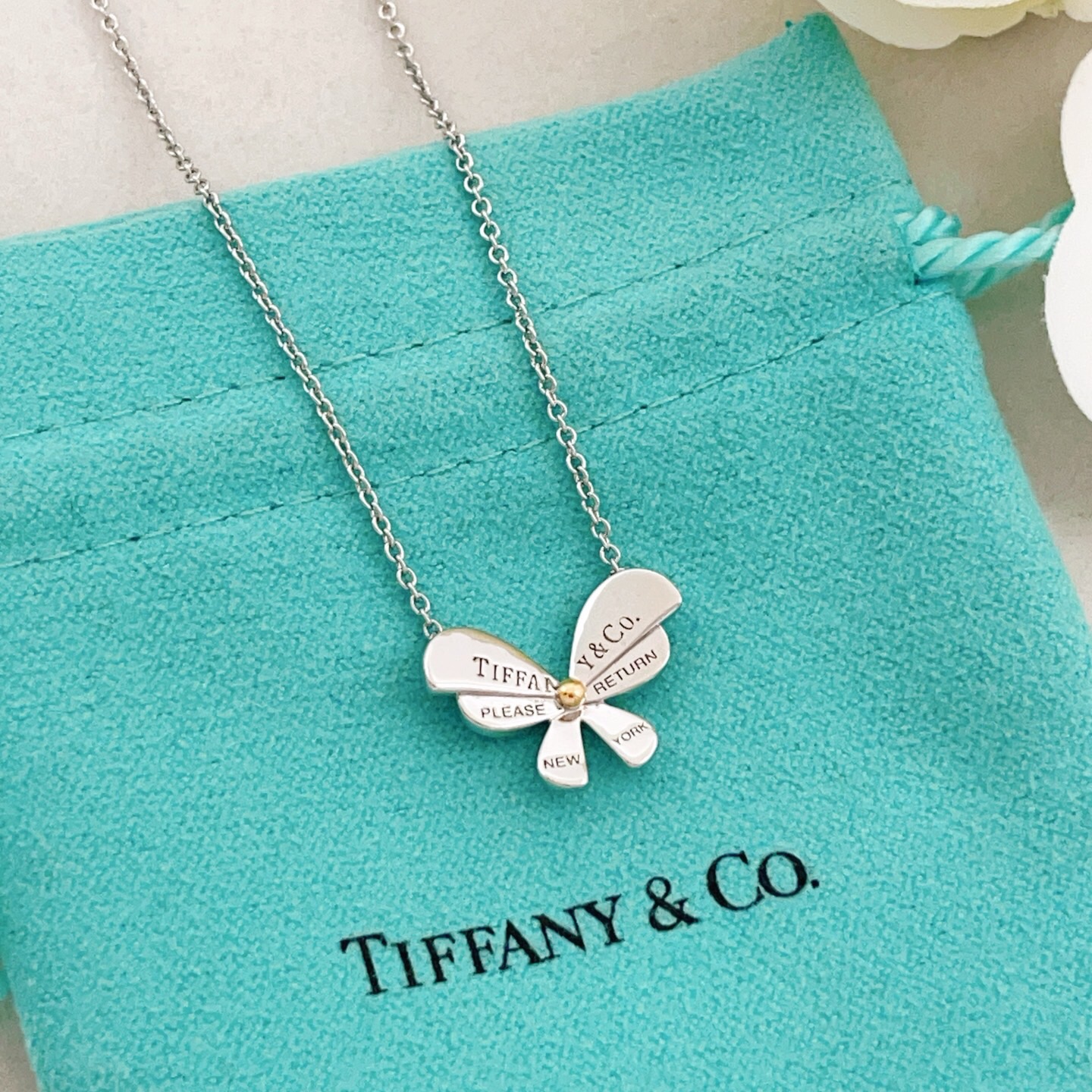 Tiffany Co Return to Tiffany Love Bugs Butterfly Pendant necklace sterling silver with yellow gold accent 16 inches with 2 inch extender