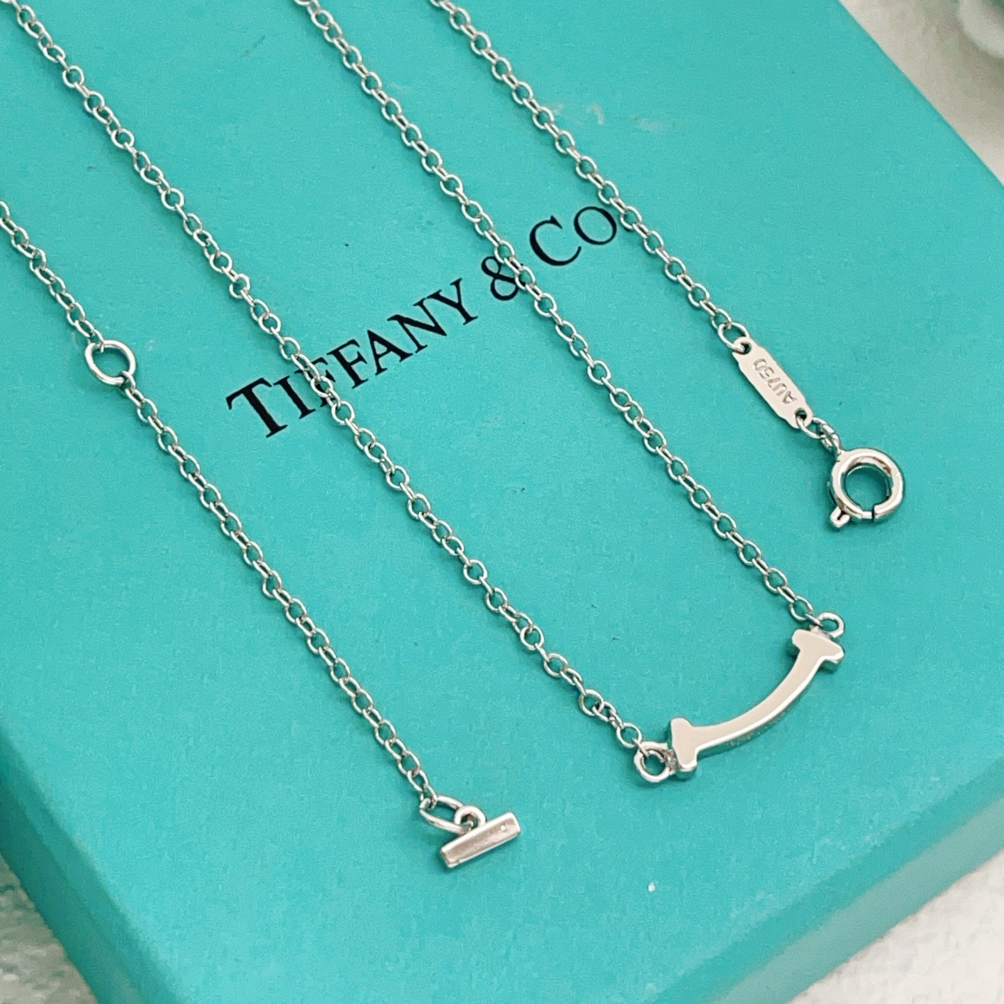 Tiffany Co T Smile necklace silver white gold no gemstones 40-45cm adjustable