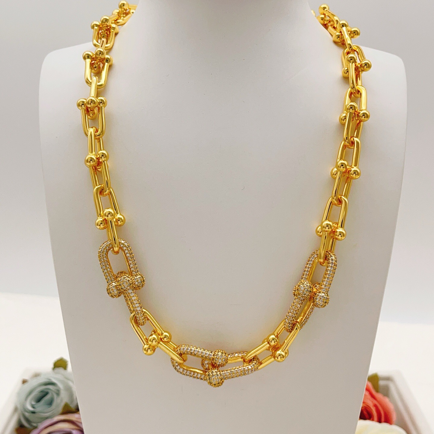Tiffany HardWear necklace gold-tone metal with clear pave diamond accents 18 inches