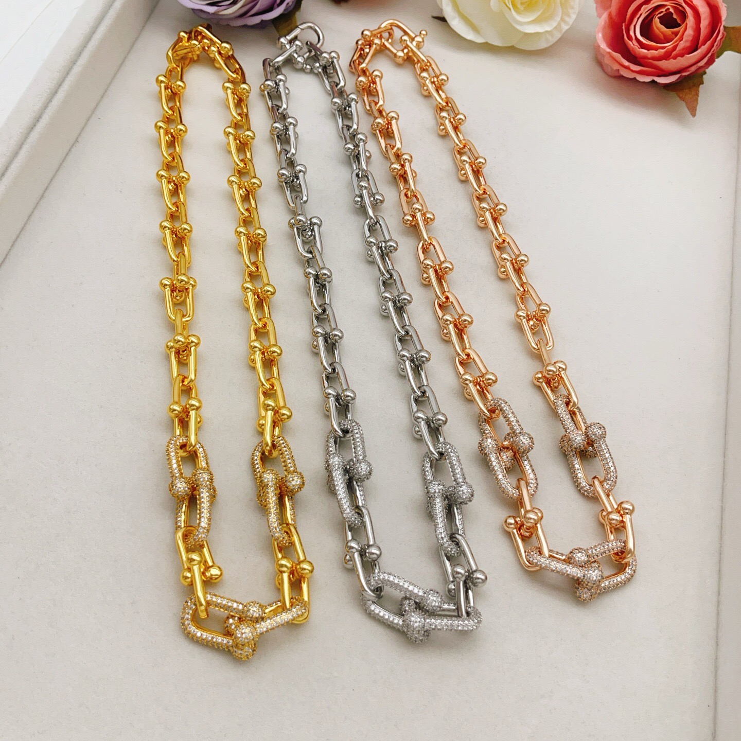 Tiffany HardWear necklace gold-tone metal with clear pave diamond accents 18 inches