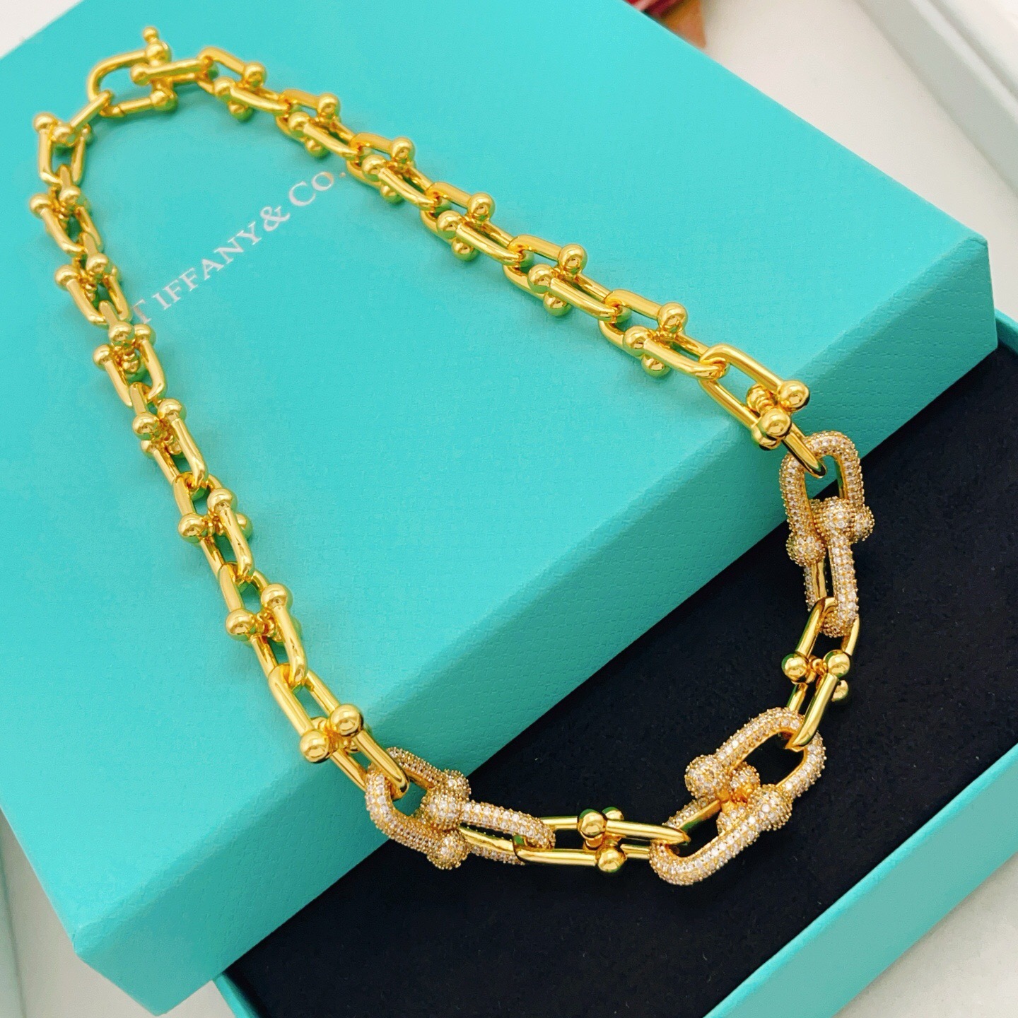 Tiffany HardWear necklace gold-tone metal with clear pave diamond accents 18 inches