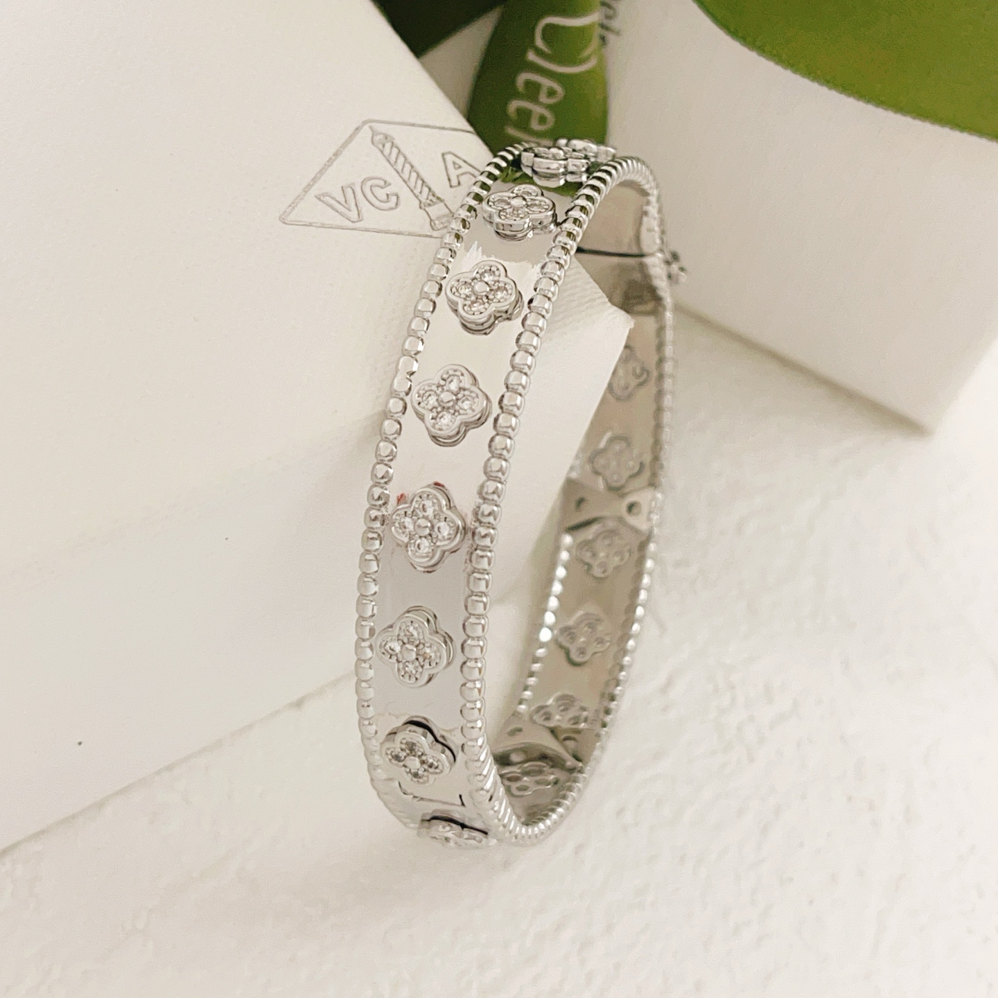 Van Cleef Arpels Perlee bracelet Silver-toned white gold with clear diamond accents 17cm