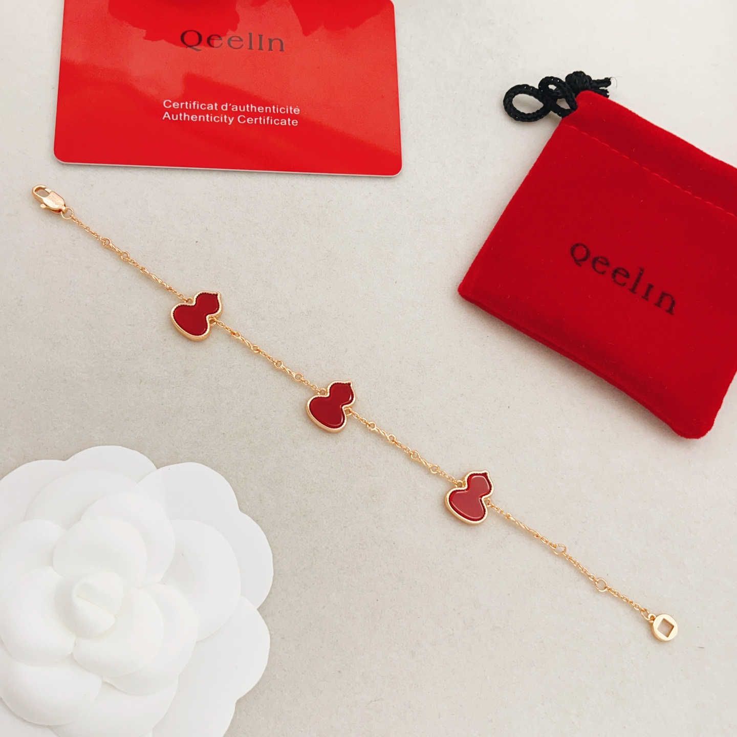 Qeelin Wulu bracelet 18k rose gold red carnelian 18cm adjustable