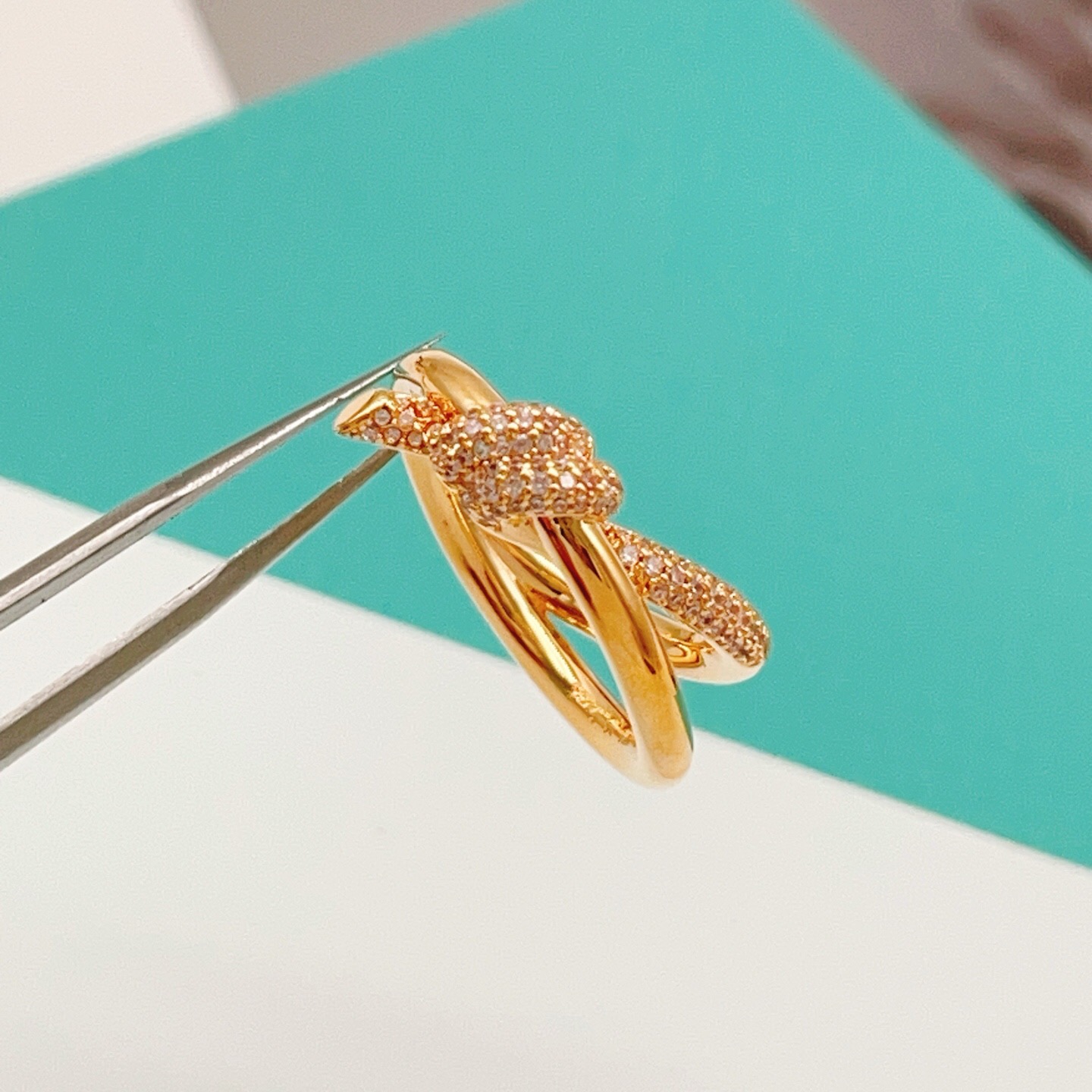 Tiffany Knot Double Row Ring ring 18k yellow gold with pave diamonds 7