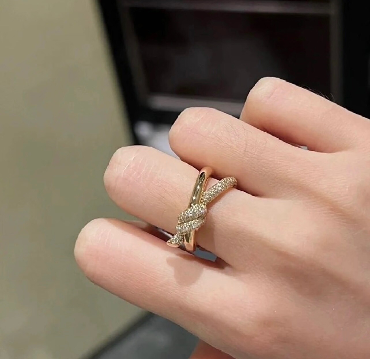 Tiffany Knot Double Row Ring ring 18k yellow gold with pave diamonds 7