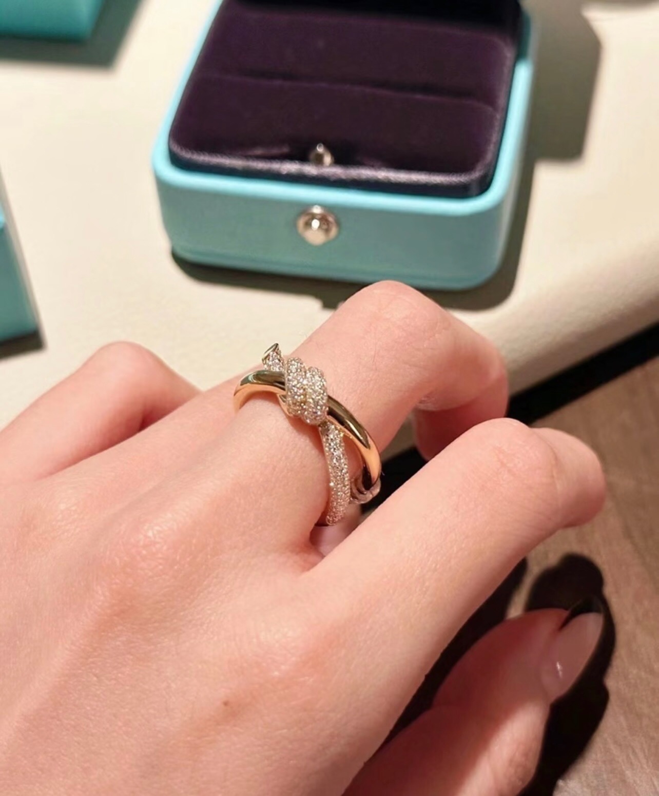 Tiffany Knot Double Row Ring ring 18k yellow gold with pave diamonds 7