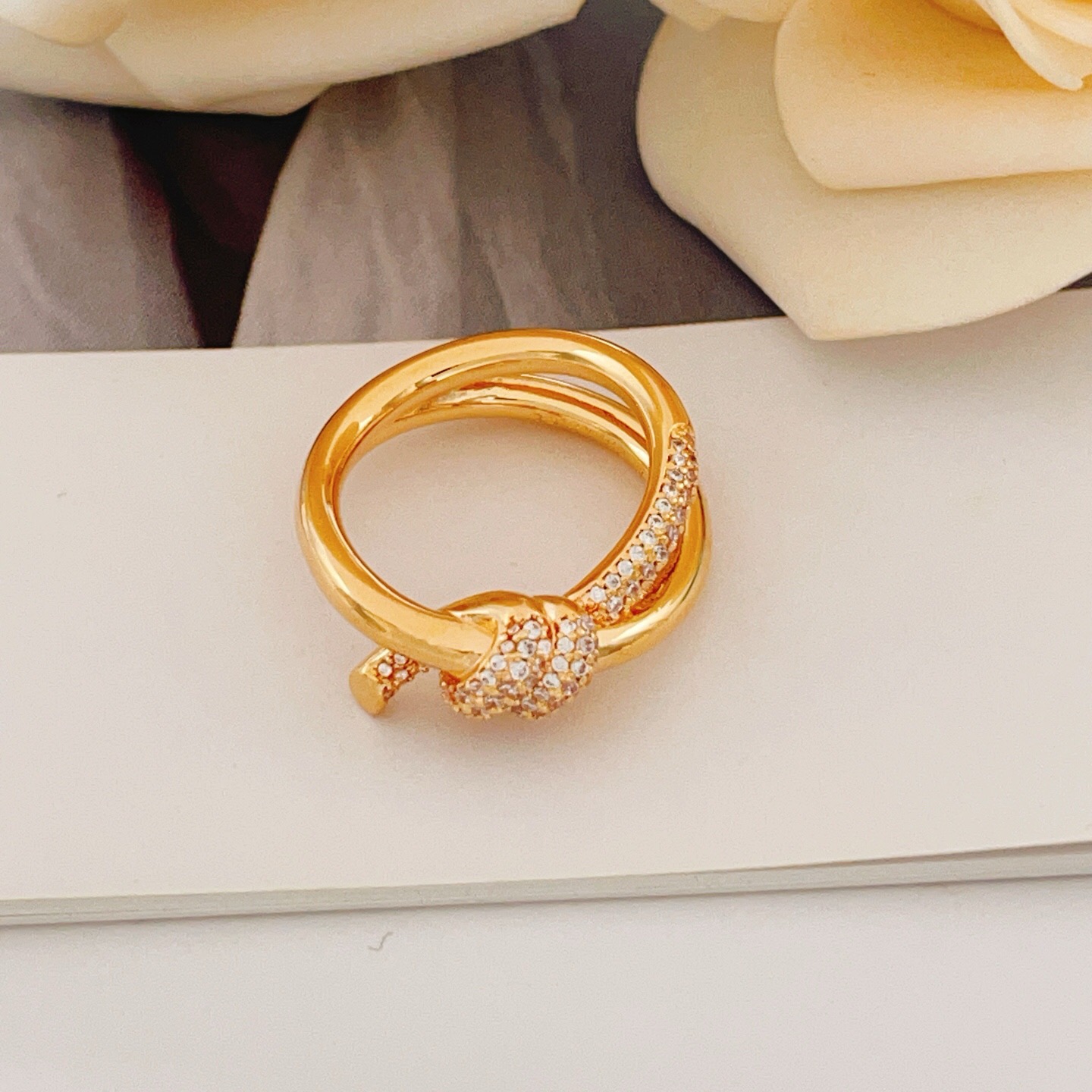 Tiffany Knot Double Row Ring ring 18k yellow gold with pave diamonds 7