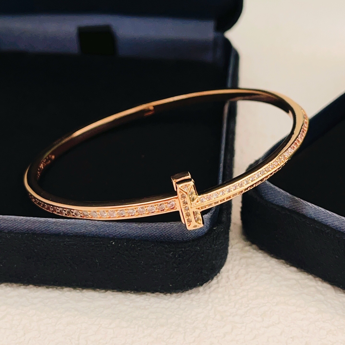 Tiffany Co T1 bracelet 18K rose gold with clear diamond pave 17cm