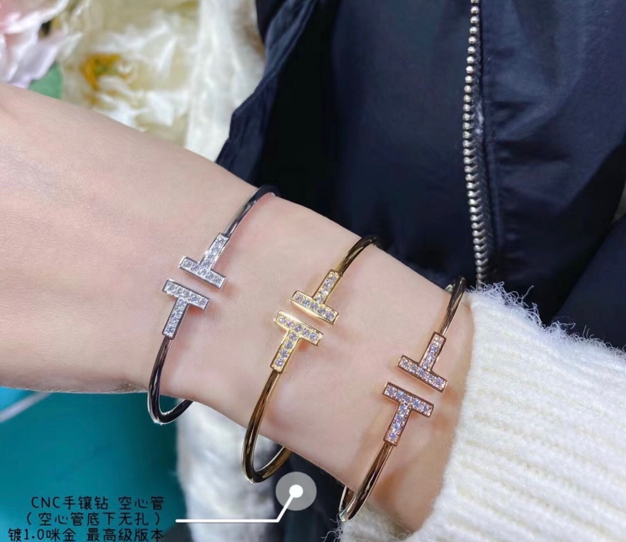 Tiffany Co T Wire bracelet Sterling silver metal with clear diamond accents also available in 18k yellow gold and 18k rose gold metal with clear diamond accents 17cm inner circumference