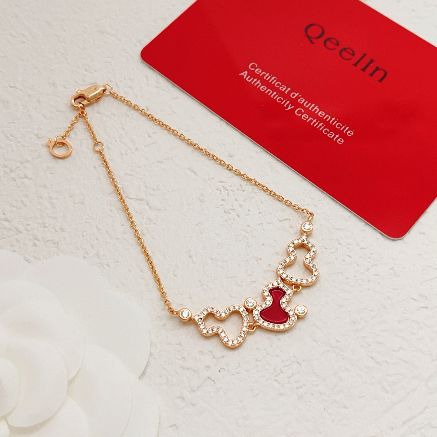 Qeelin Wulu bracelet rose gold red carnelian clear diamond simulants 16-19cm adjustable